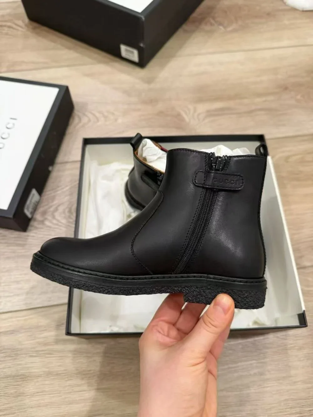 NIB Authentic Gucci Kids Black Leather Ankle Boots